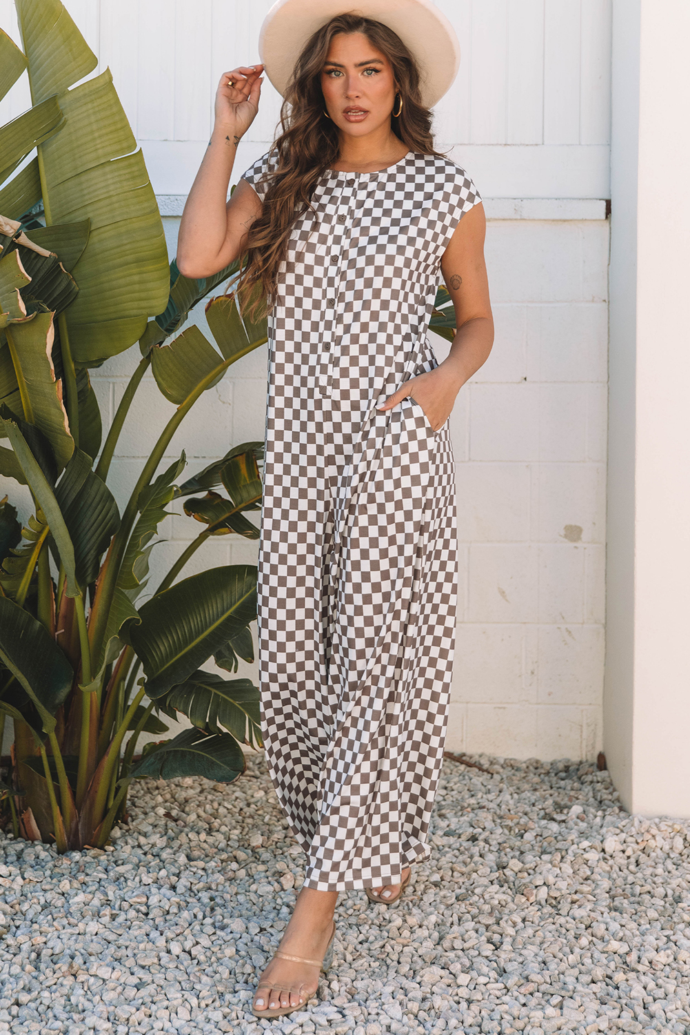 Khaki Checkered Print Buttoned Crew Neck Wide Leg Jumpsuit - loveforevers