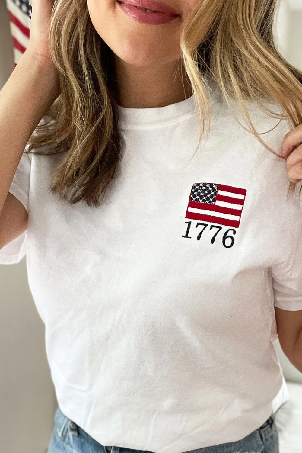 White American Flag 1776 Embroidered Pattern Crew Neck Tee - loveforevers