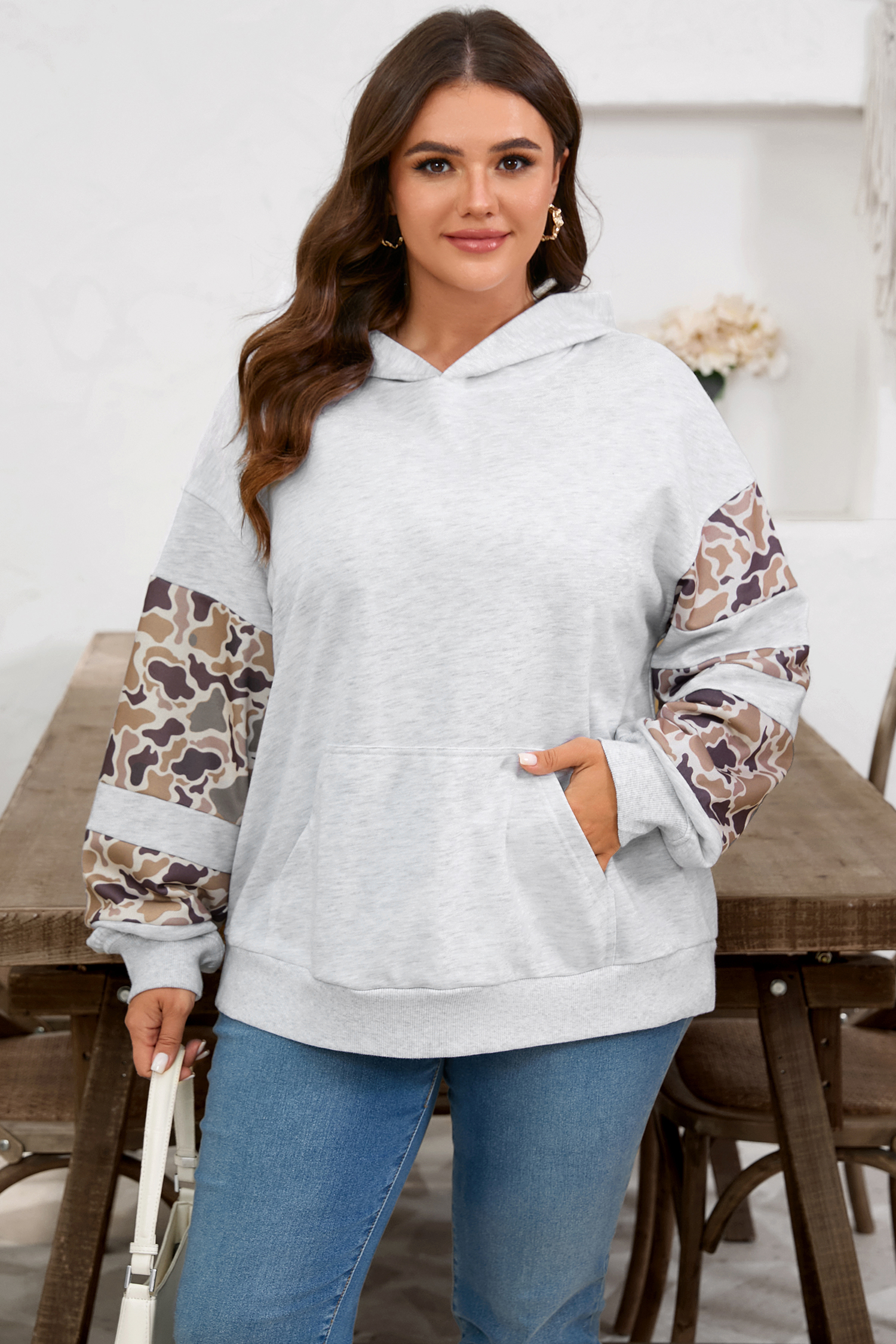 Light Grey Camouflage Patchwork Asymmetric Sleeve Plus Size Hoodie - loveforevers