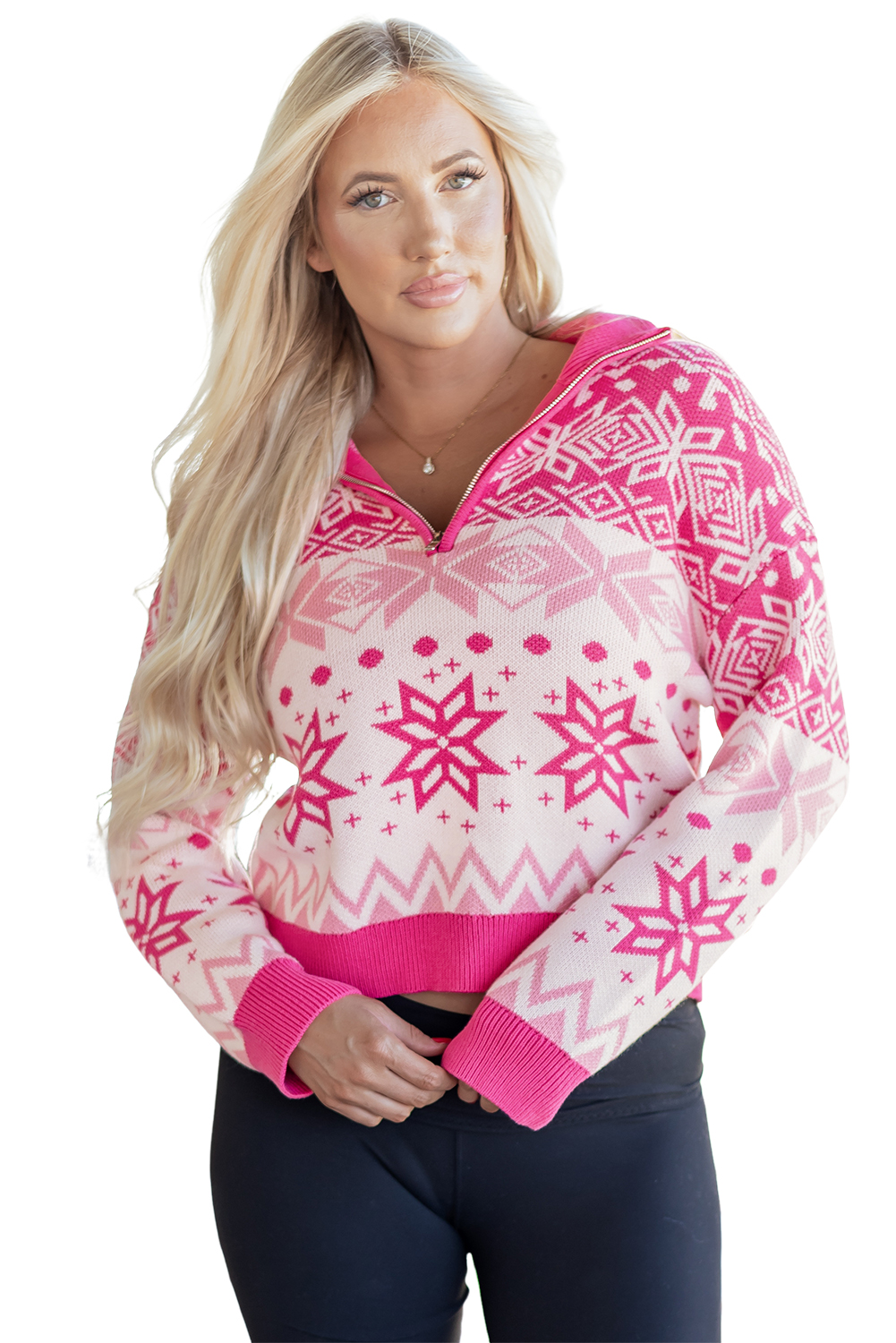Rose Red Christmas Snowflake Quarter Zip Collard Sweater - loveforevers
