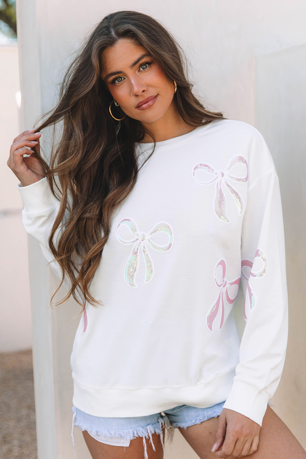 Beige Bow Valentine Drop Shoulder Loose Sweatshirt - loveforevers