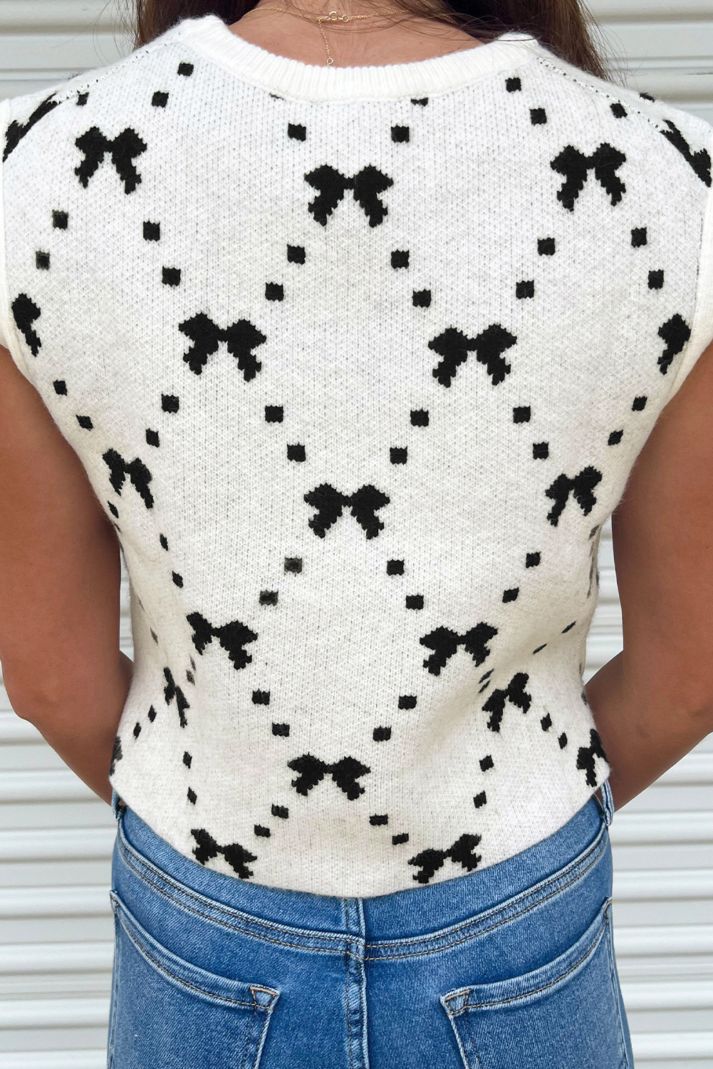 Black Preppy Vibes Bow Print Zipped Collar Sweater Tee - loveforevers