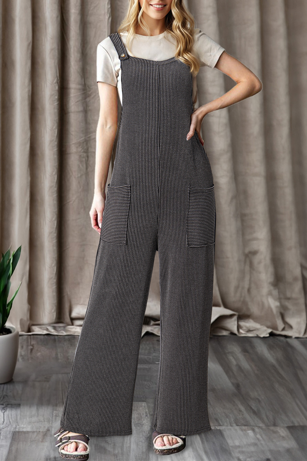 Dark Grey Ribbed Knit Patched Pocket Wide Leg Overalls - loveforevers