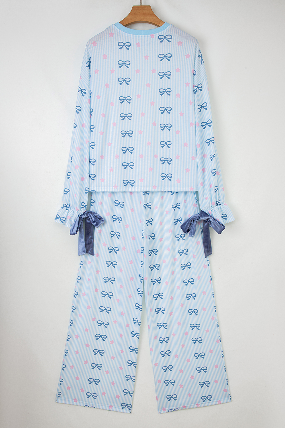 Sky Blue Stripe Bow Star Print Tied Detail 2pcs Lounge Set - loveforevers