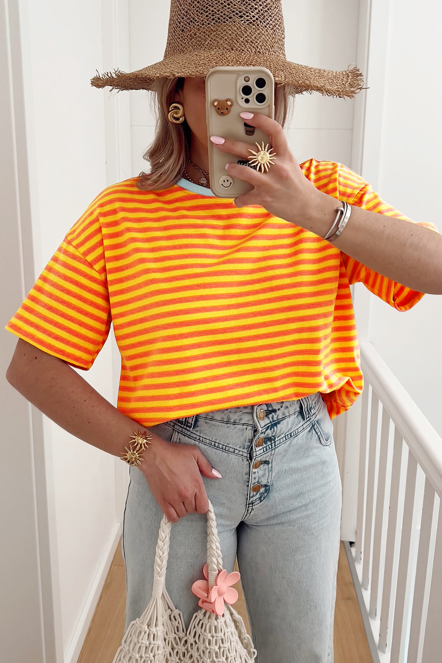 Sky Blue Stripe Contrast Crew Neck Drop Shoulder Loose Tee - loveforevers