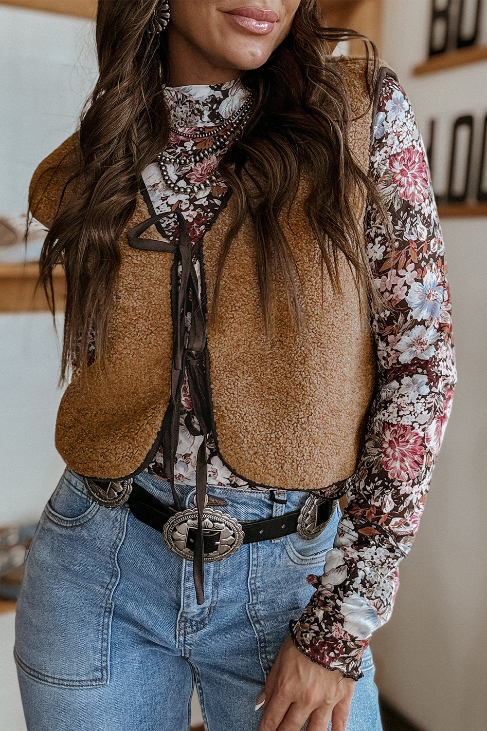Light French Beige Contrast Trim Tie Front Sherpa Vest - loveforevers