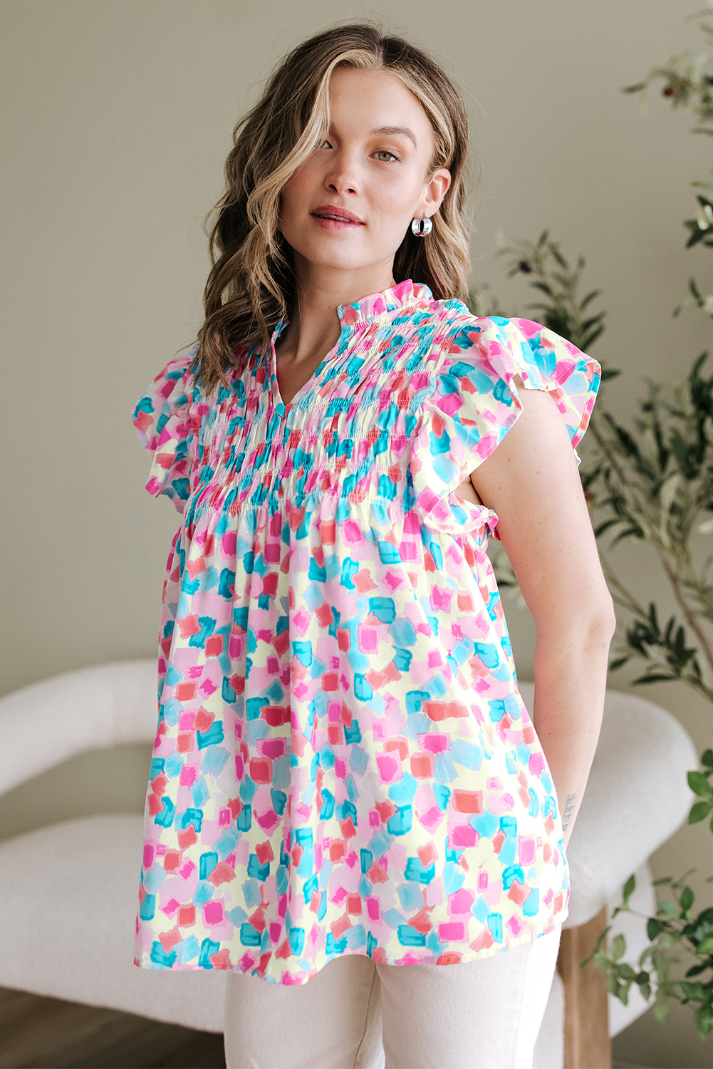 Sky Blue Shirred Yoke Ruffled Abstract Printed Blouse - loveforevers