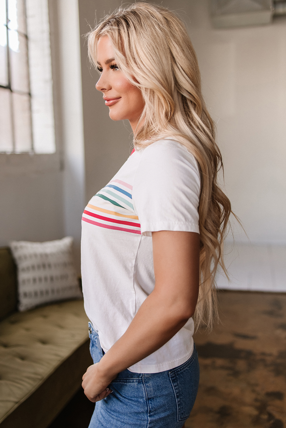 White Rainbow Stripe Print Contrast Crewneck T Shirt - loveforevers
