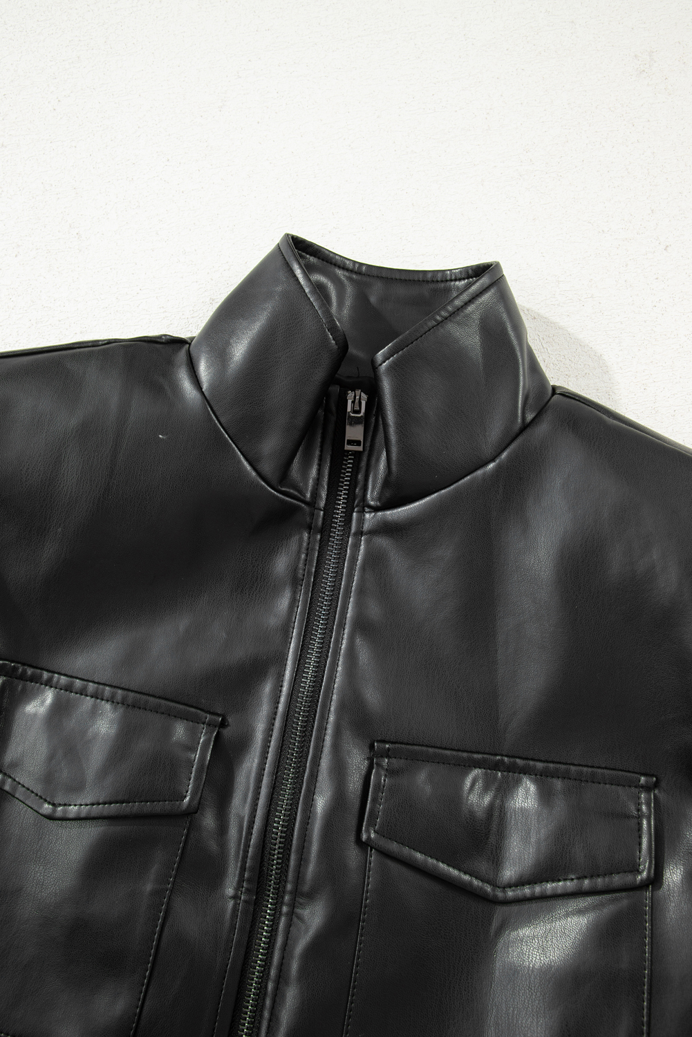 Black Double Flap Pocket Faux Leather Zip Up Stand Neck Vest - loveforevers