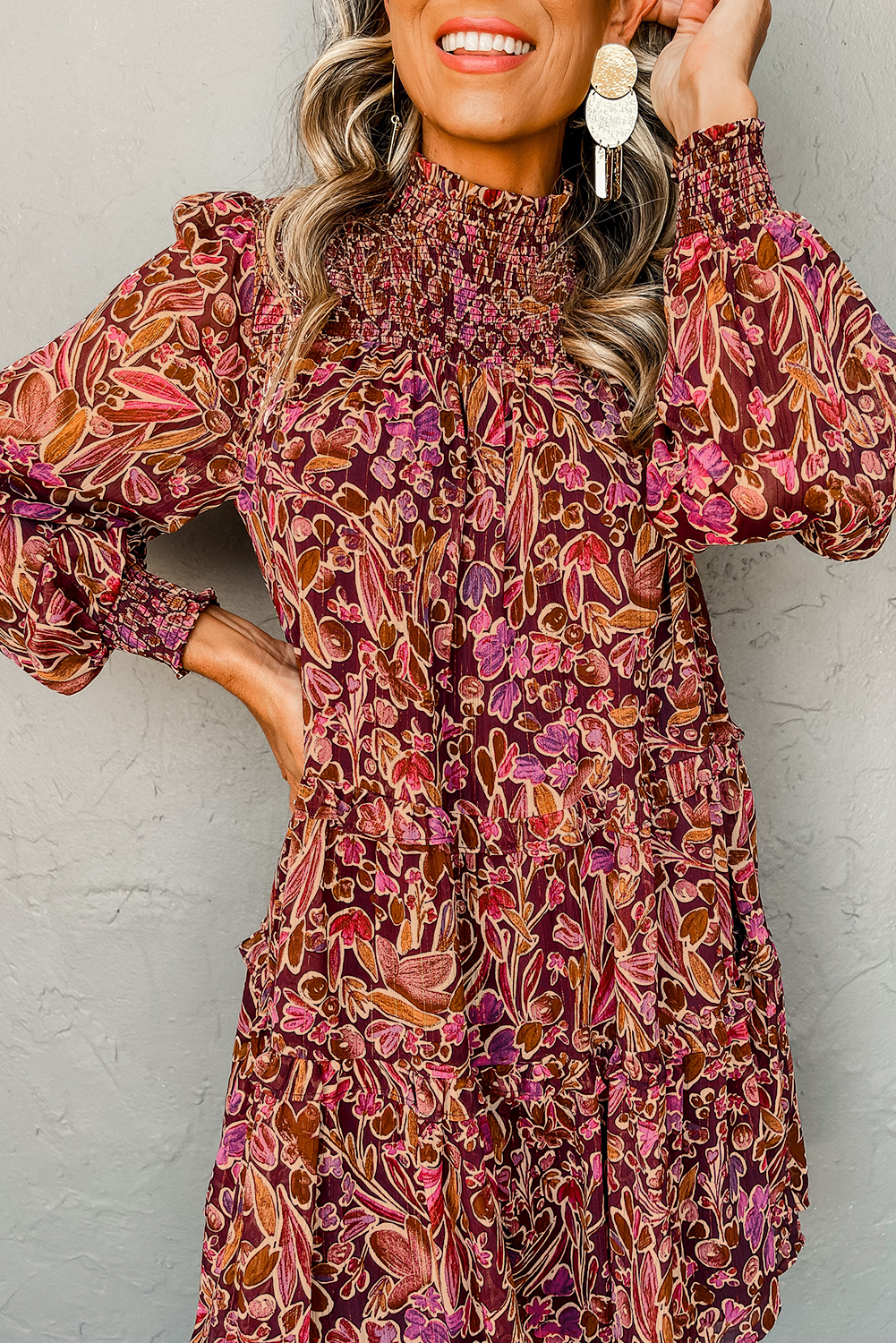 Red Floral Print Long Sleeve Shirred High Neck Loose Mini Dress - loveforevers