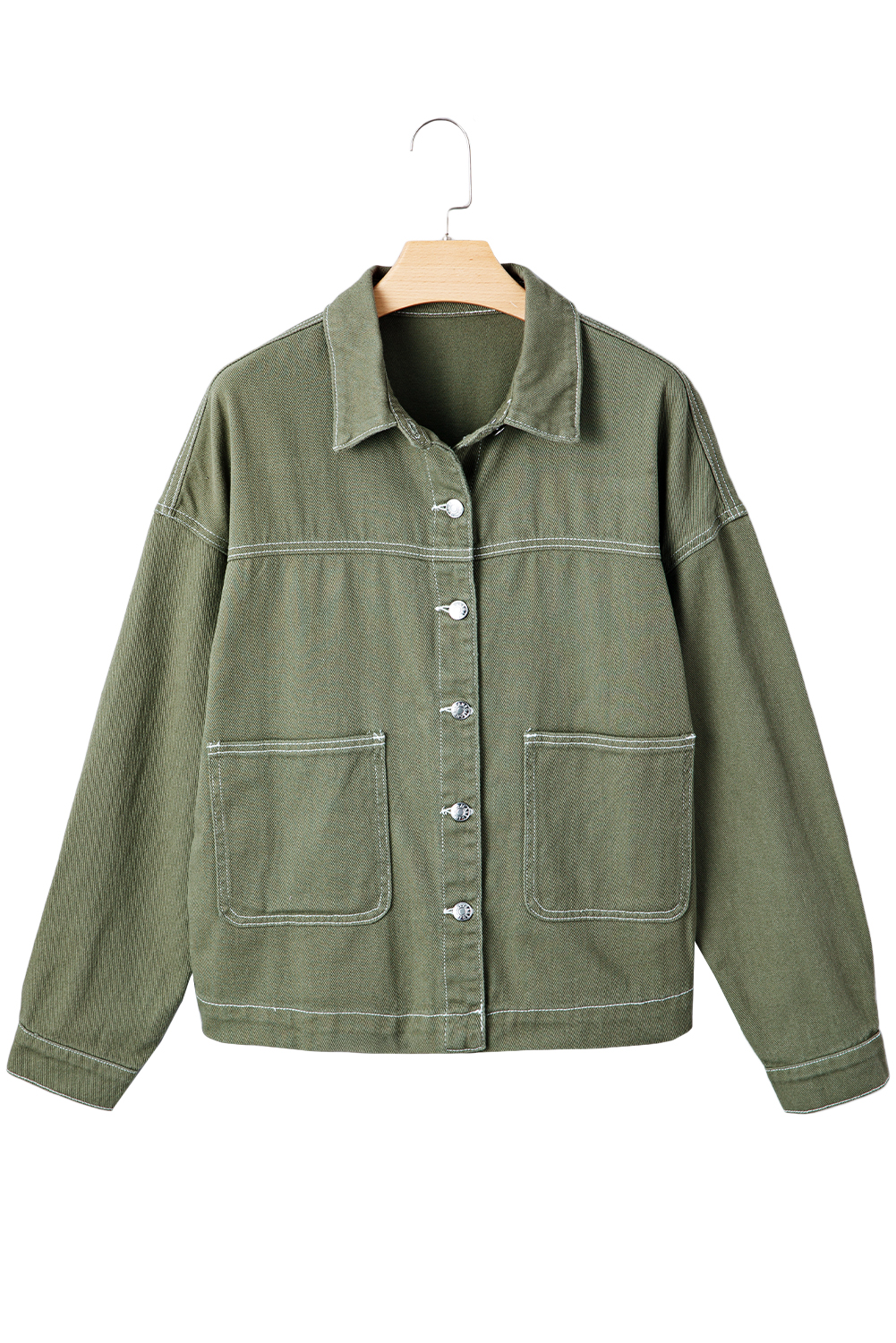Smoke Green Patched Pocket Collared Button Front Boyfriend Denim Jacket - loveforevers