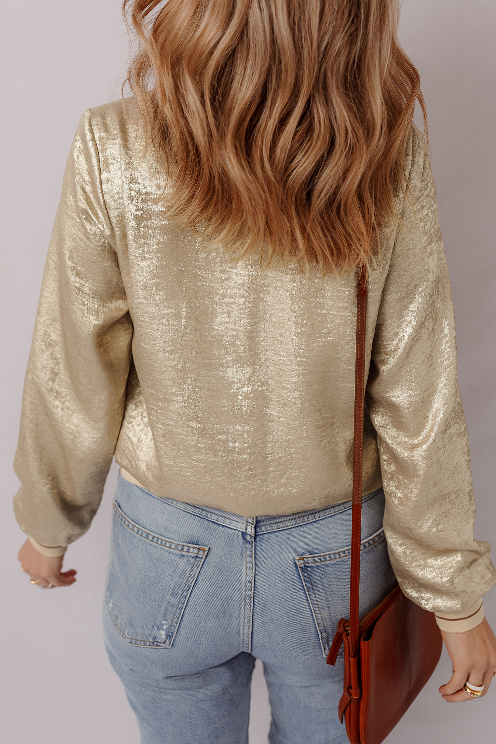 Pale Khaki Metallic Zip up Baseball Jacket - loveforevers