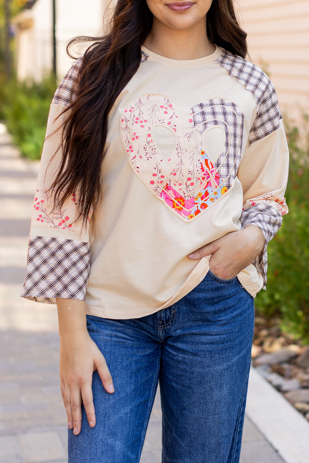 Beige Flower Patch Graphic Exposed Seam Wide Sleeve Top - loveforevers