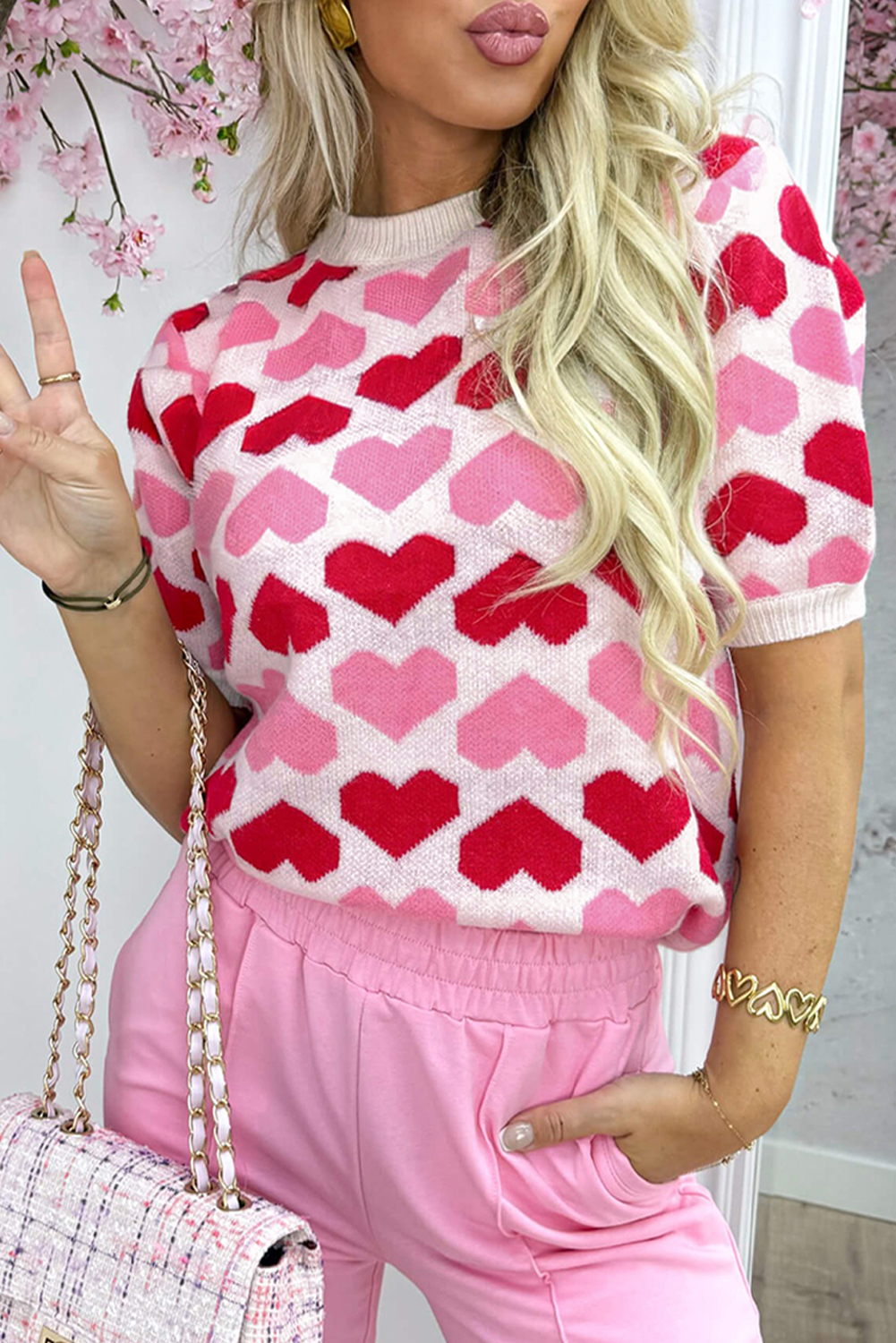 Sachet Pink 2-tone Heart Print Valentine Crew Neck Short Sleeve Sweater - loveforevers