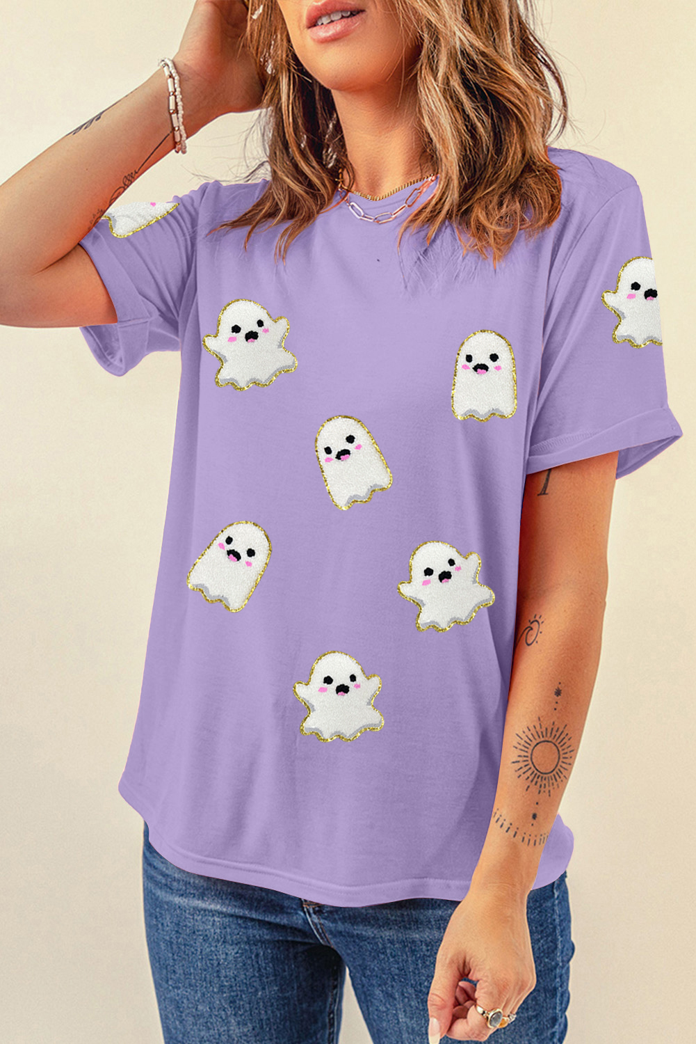Wisteria Glitter Trim Chenille Ghost Patched Halloween Graphic Tee - loveforevers