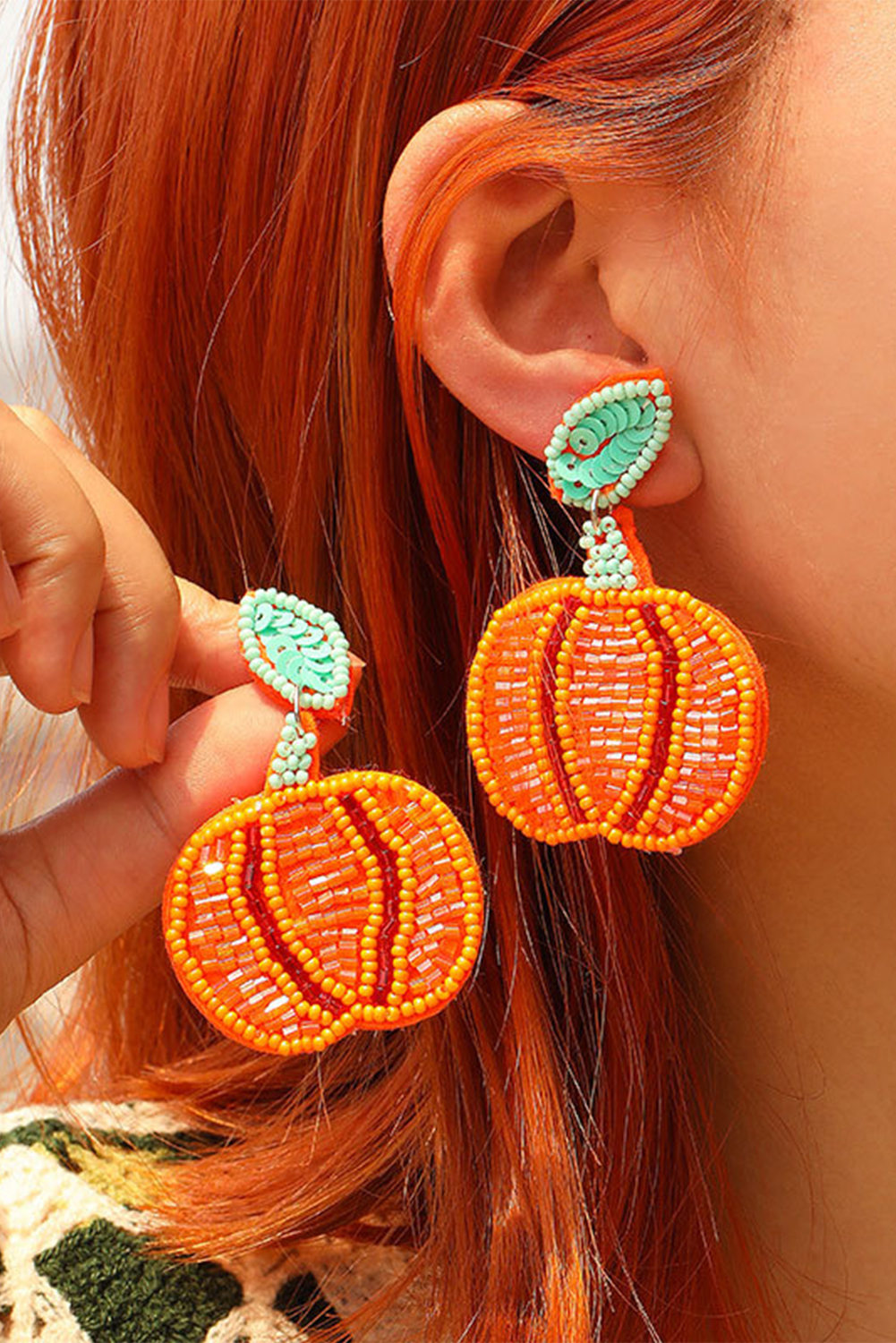 Orange Halloween Pumpkin Rice Beaded Drop Earrings - loveforevers
