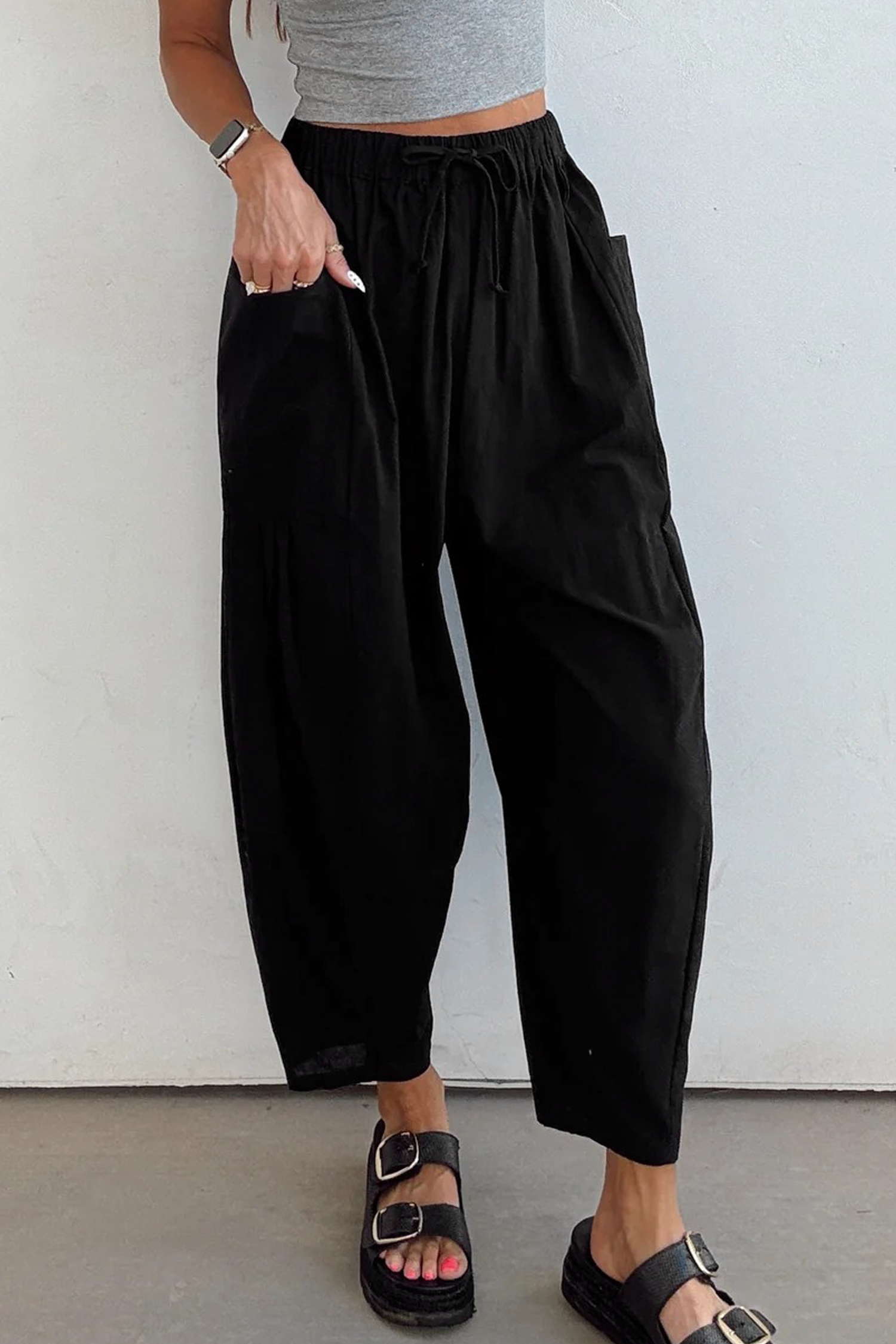 Black Drawstring Elastic Waist Patch Pocket Barrel Leg Casual Pants - loveforevers