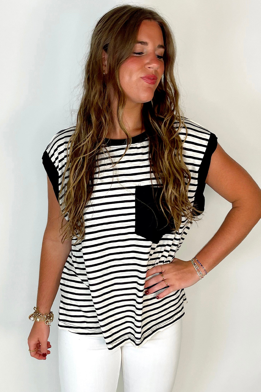 Red Stripe Chest Pocket Patch Round Neck Tank Top - loveforevers