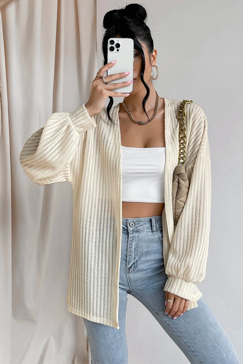 Beige Textured Lantern Sleeve Open Kimono - loveforevers