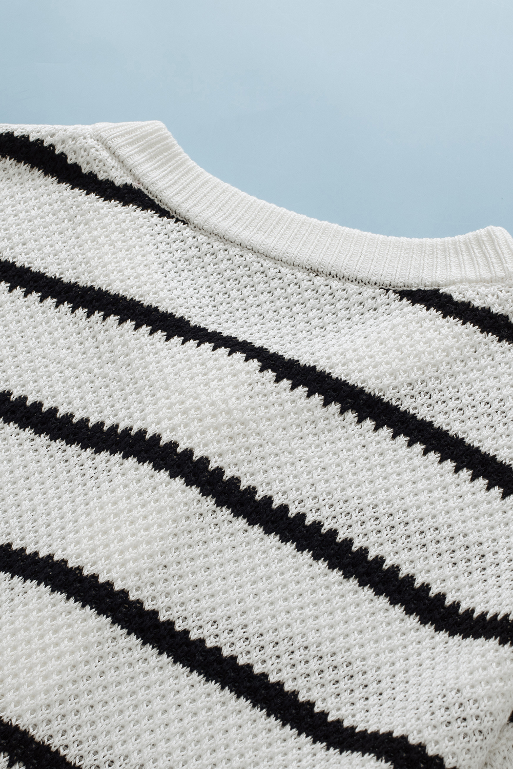 Black Stripe Henley Buttoned Placket Drop Shoulder Bracelet Sleeve Knit Sweater Tee - loveforevers