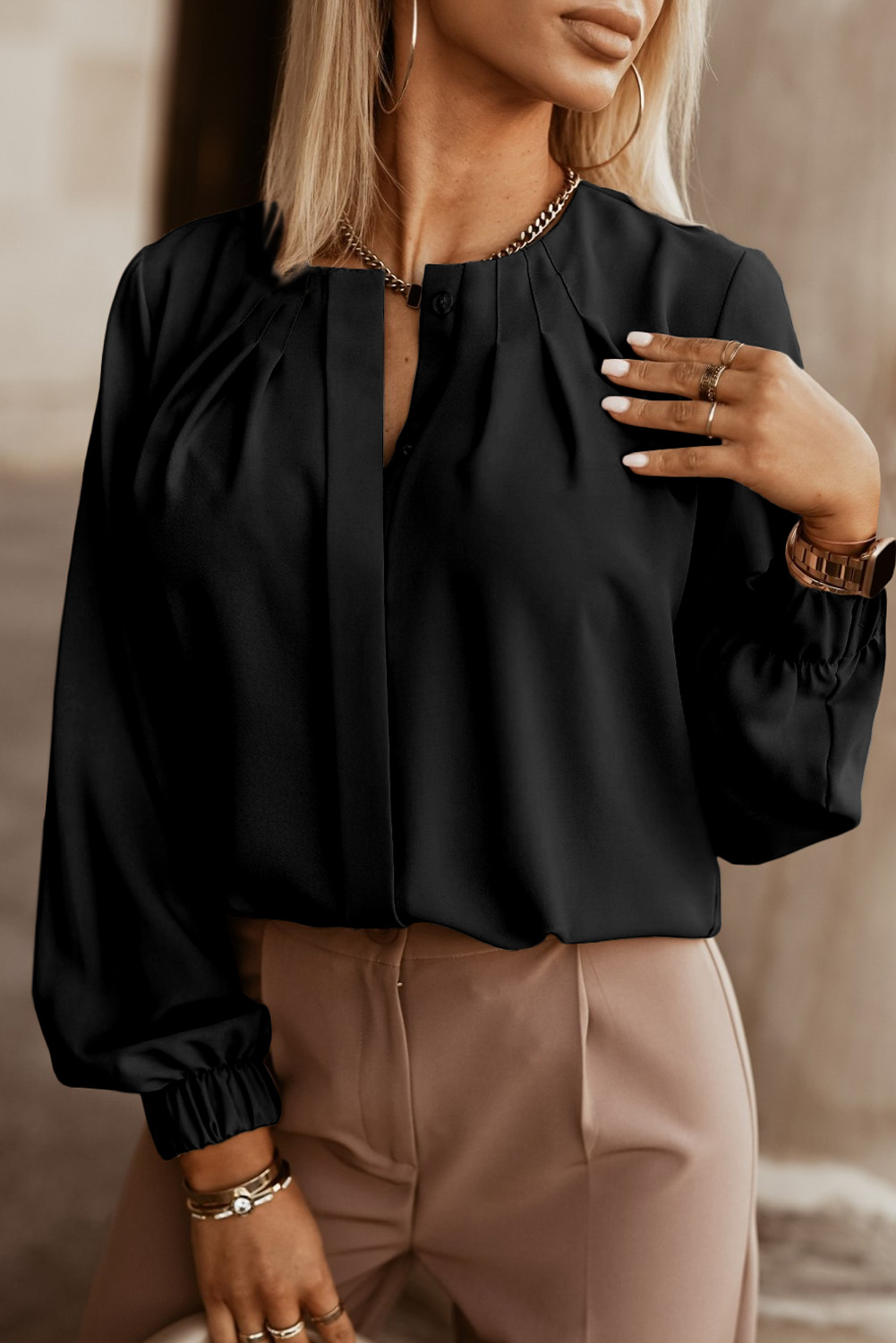 Black Crew Neck Gathered Stretch Cuff Shirt - loveforevers