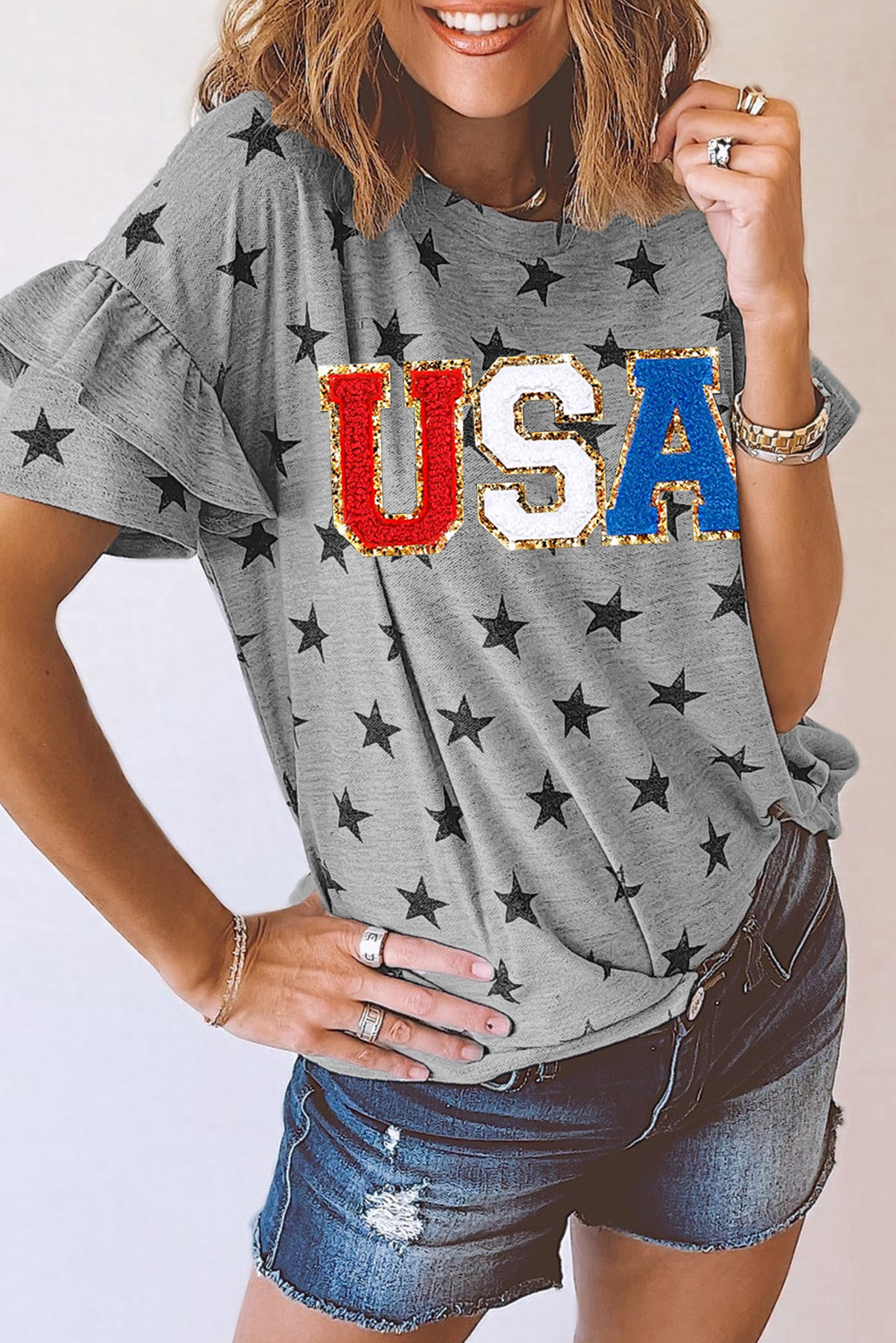 Gray USA Letter Patched Star Printed Ruffle Trim Sleeves Loose Tee - loveforevers