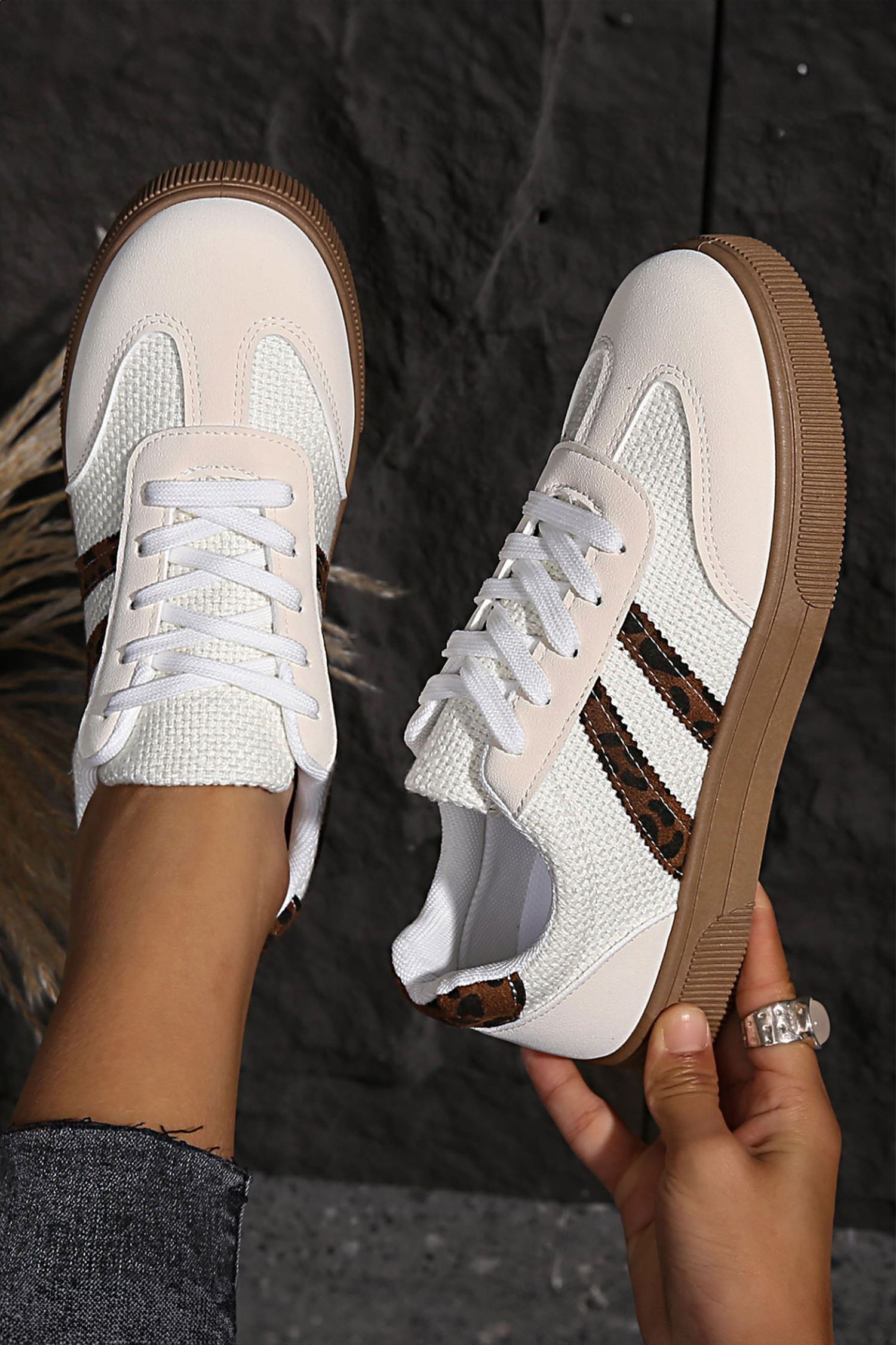 White Textured Woven PU Leather Leopard Patchwork Flat Sneakers - loveforevers