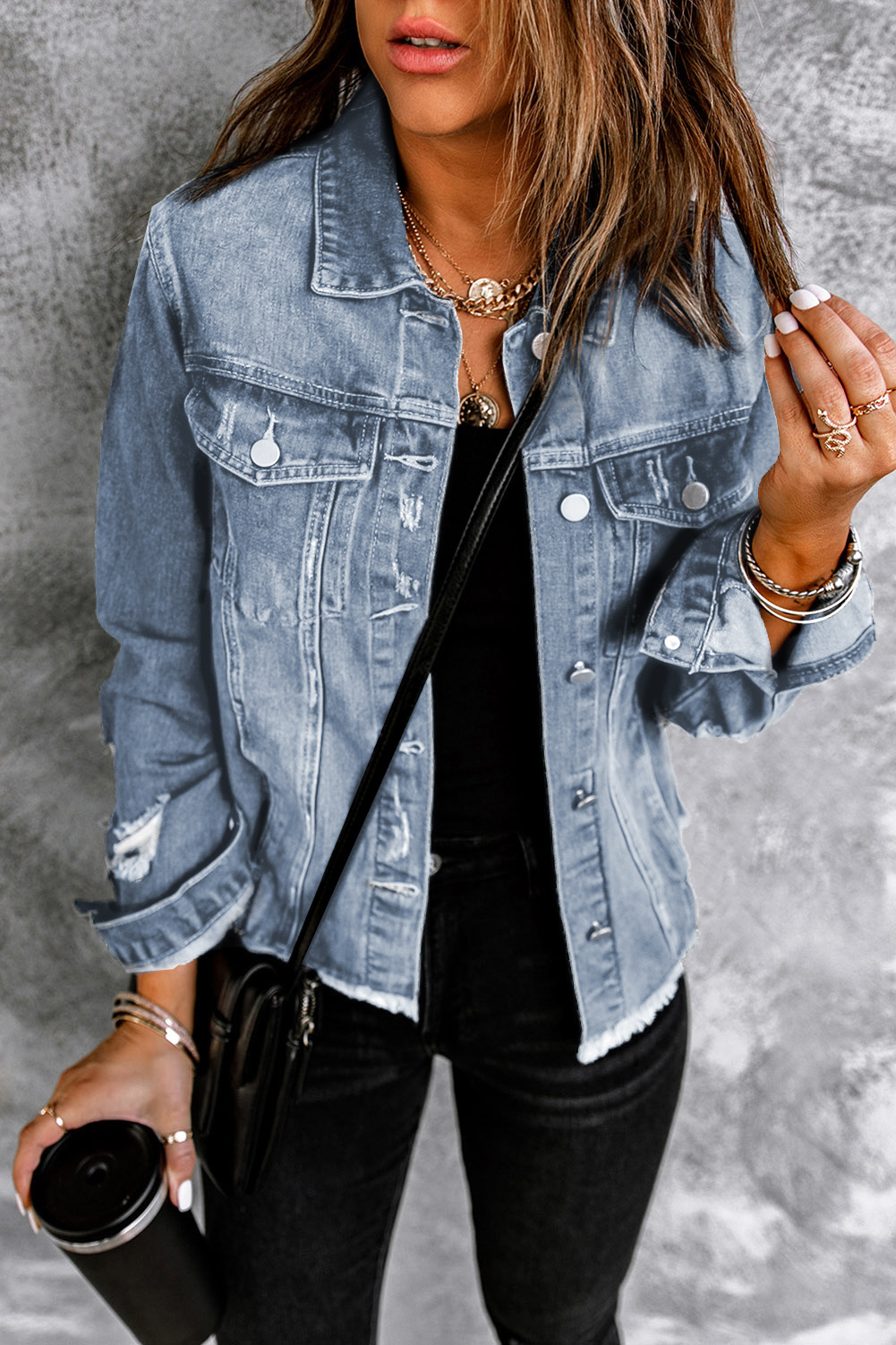 Sky Blue Lapel Distressed Raw Hem Buttons Denim Jacket - loveforevers