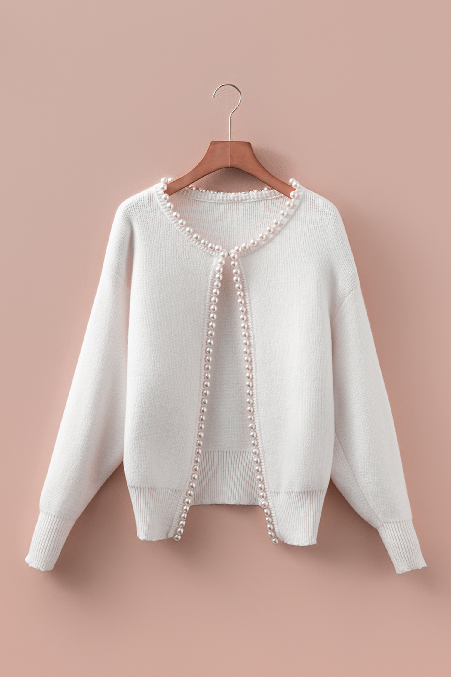 White Pearl Embellished Open Front Elegant Cardigan - loveforevers