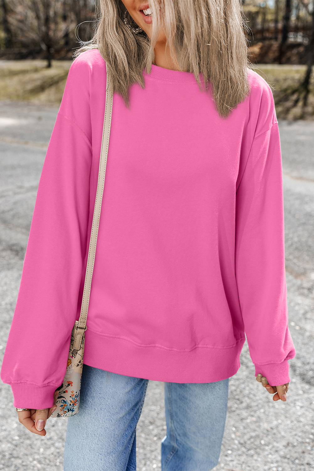 Navy Blue Plain Drop Shoulder Crewneck Pullover Sweatshirt - loveforevers