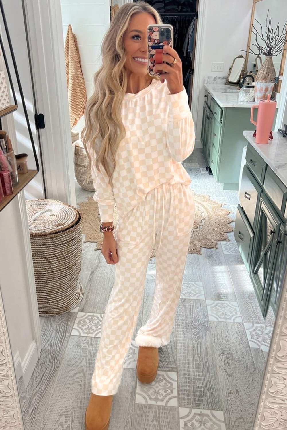 Beige Checkered Print Long Sleeve Top and Pants Lounge Set - loveforevers
