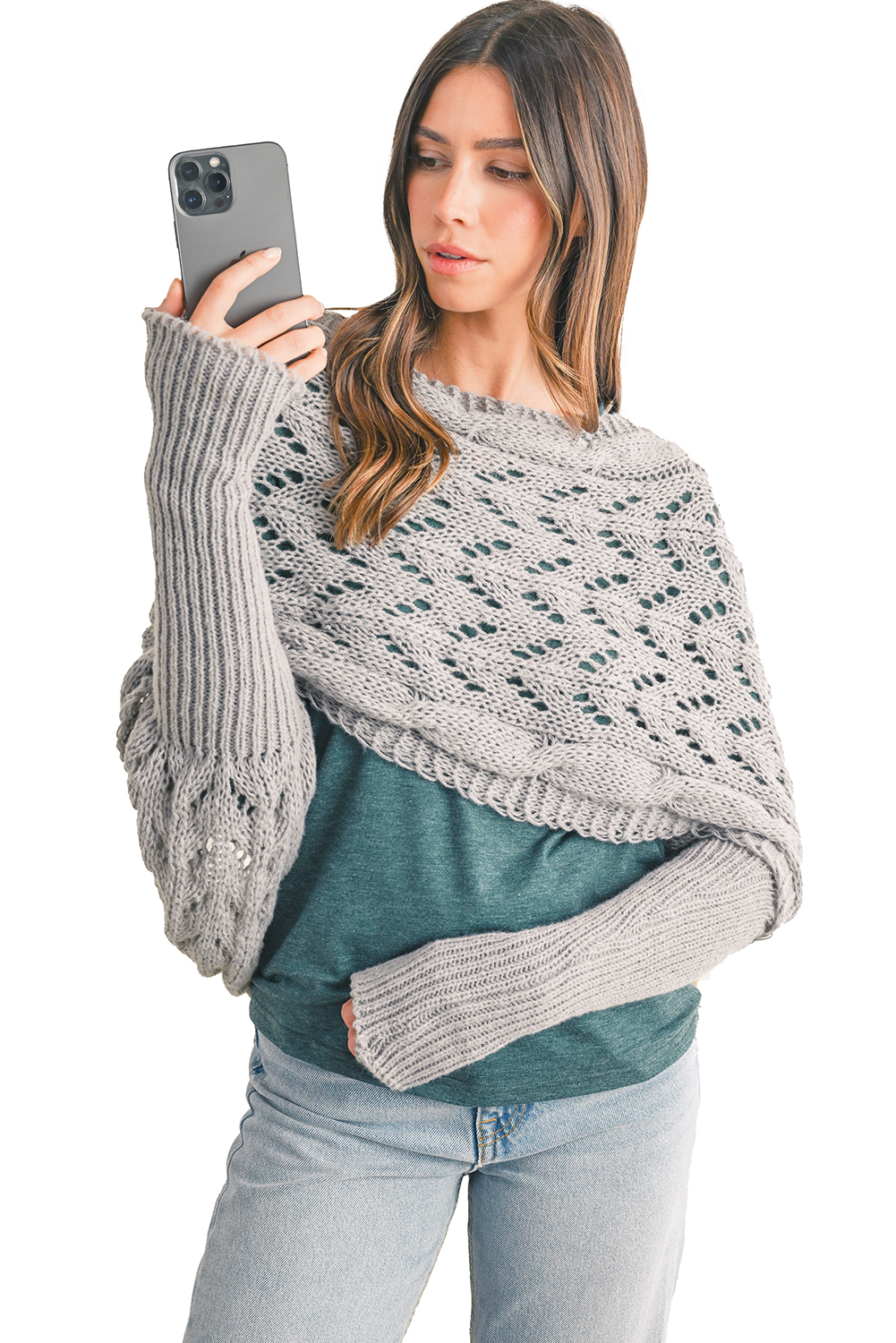 Gray Cross Detail Hollowed Knit Scarf with Sleeves - loveforevers