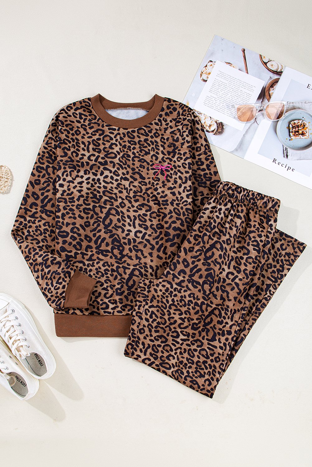 Coffee Leopard Print Contrast Trim Long Sleeve Top and Pants Set - loveforevers
