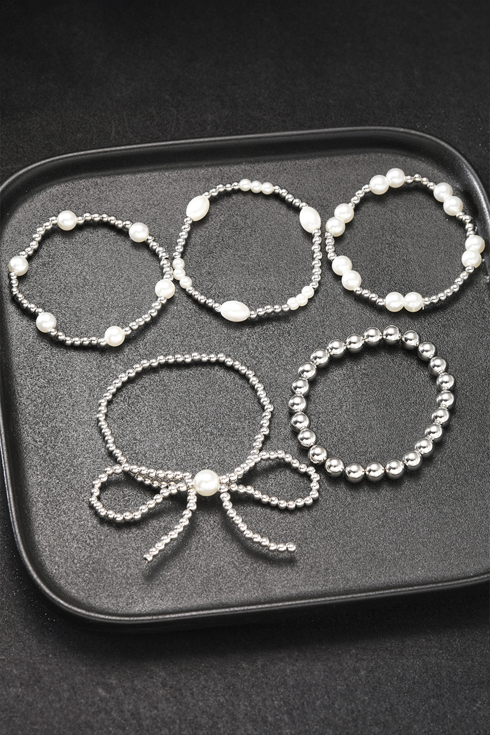 Silvery Bow Knot Pearl Beaded Multi Layered Bracelet Set - loveforevers
