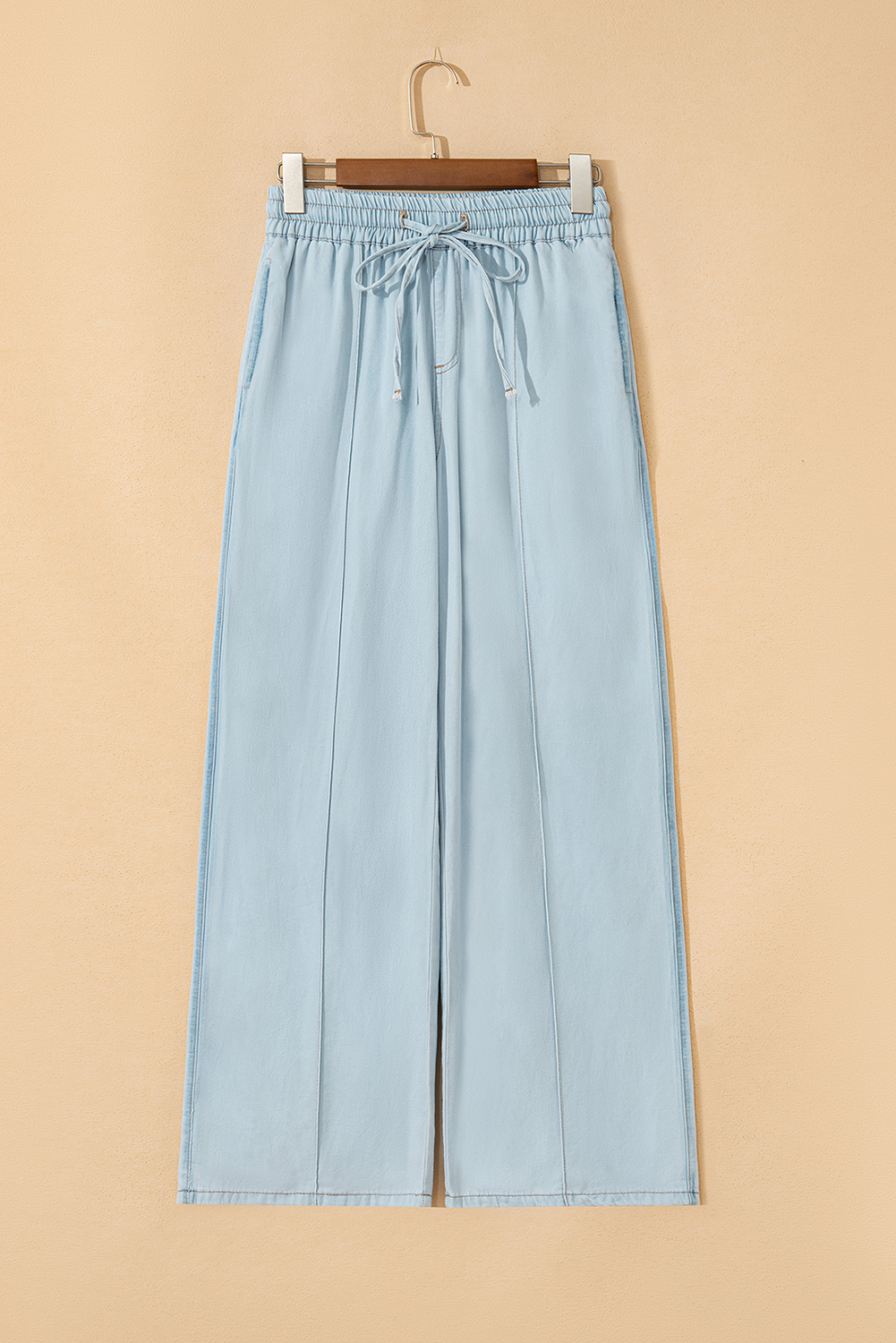 Beau Blue Light Wash Contrast Trim Center Seam Drawstring Elastic Waistband Wide Leg Denim Pants - loveforevers
