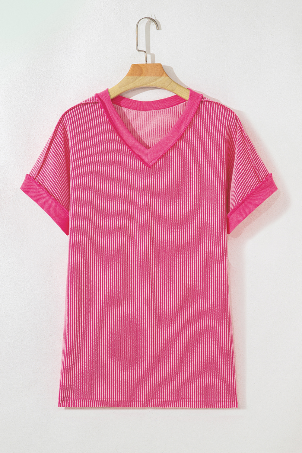 Rose Red Twisted Ribbed Knit V Neck Casual Tee - loveforevers