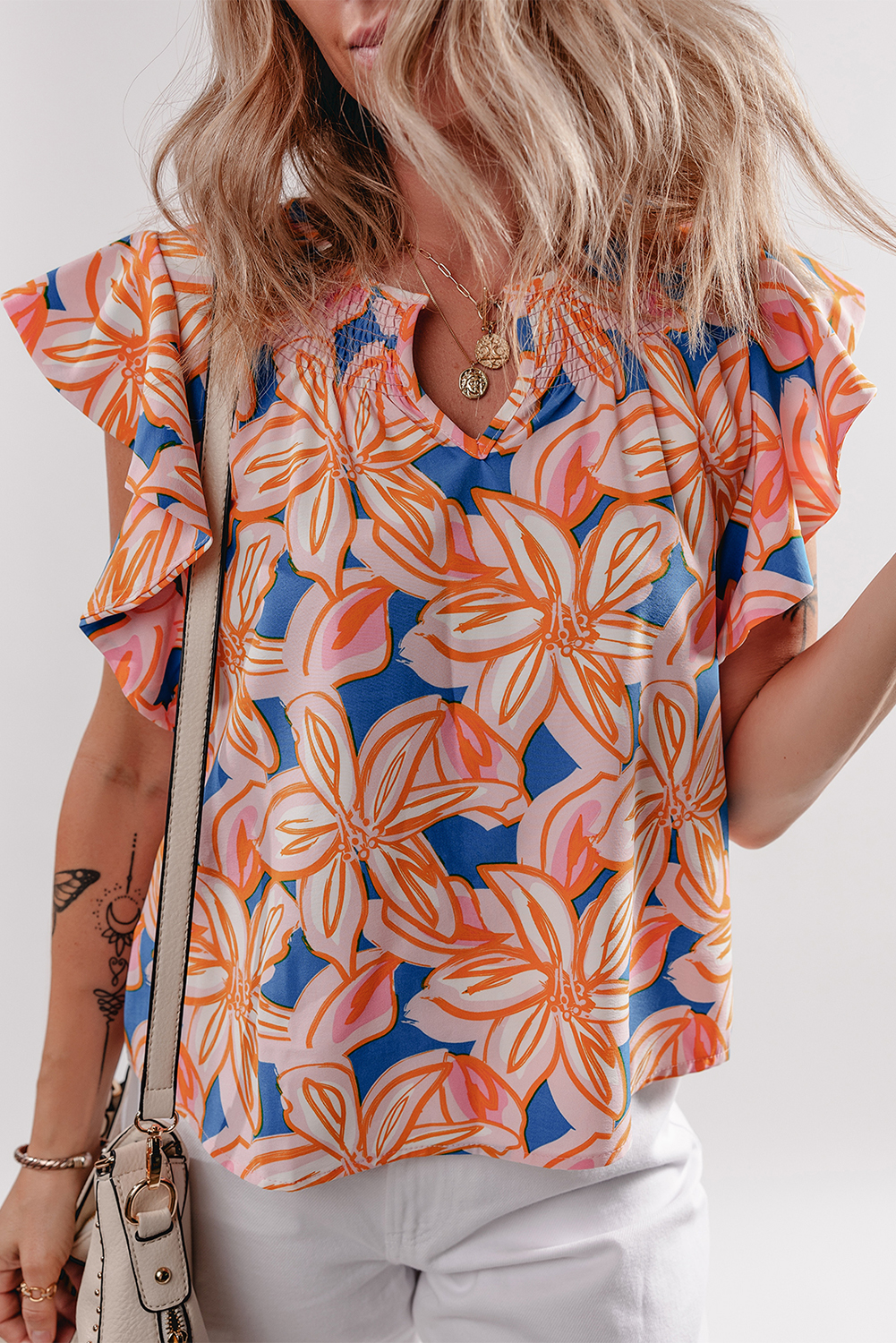 Orange Summer Flower Print Notched Neck Ruffle Sleeve Blouse - loveforevers