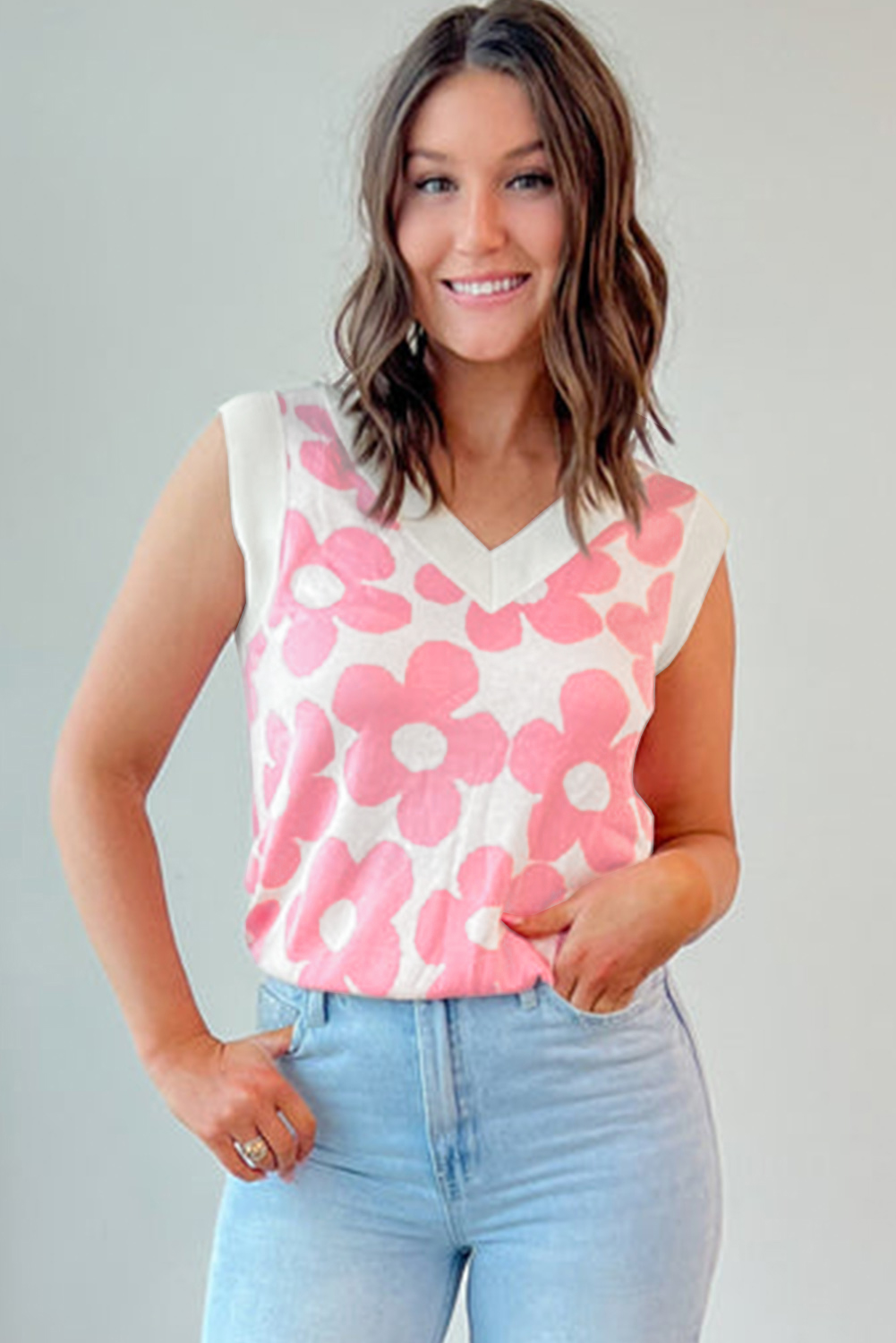 Pink Cute Flower Knitted V Neck Tank Top - loveforevers