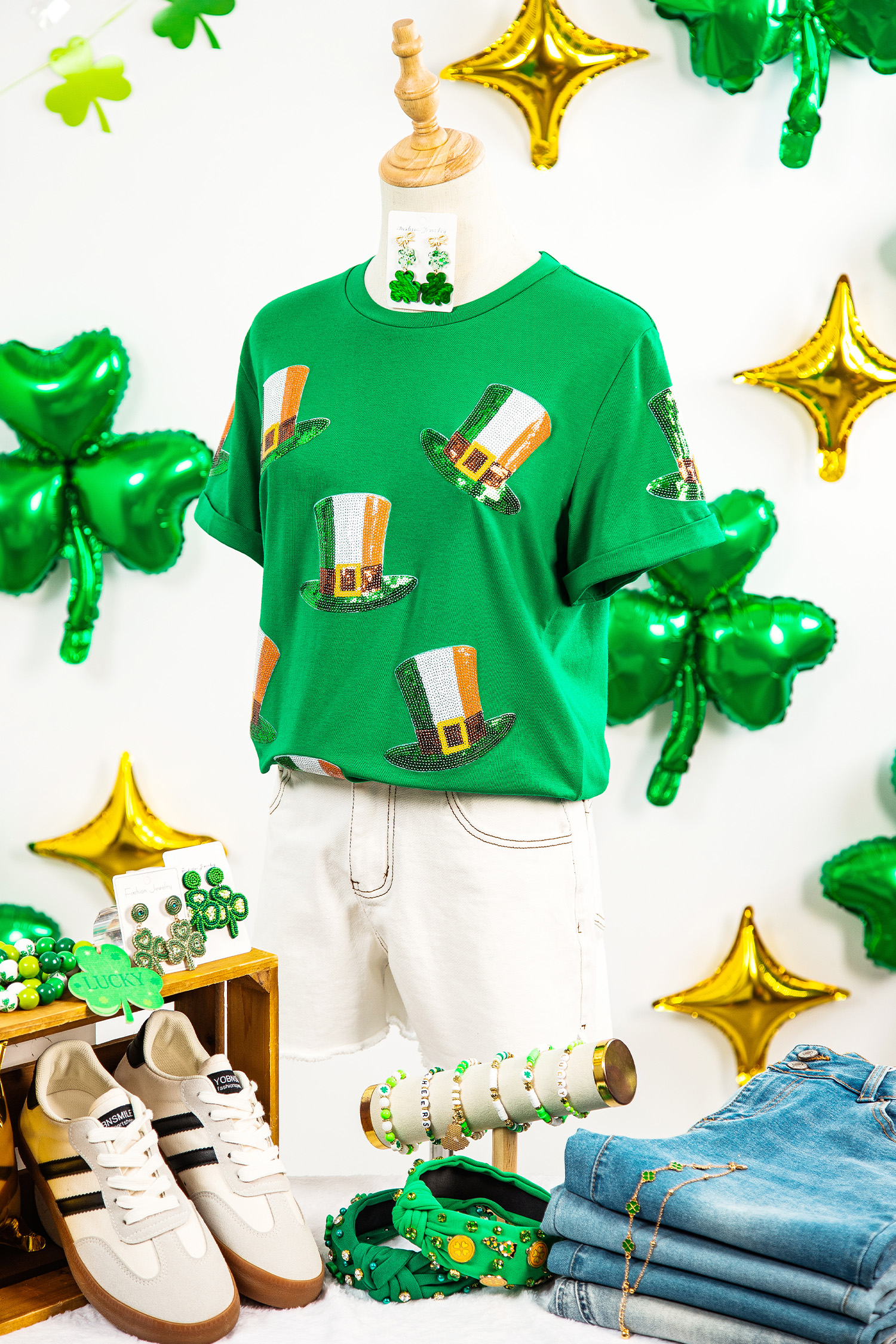 Bright Green Sequin St Patricks Day Hat Relaxed T Shirt - loveforevers