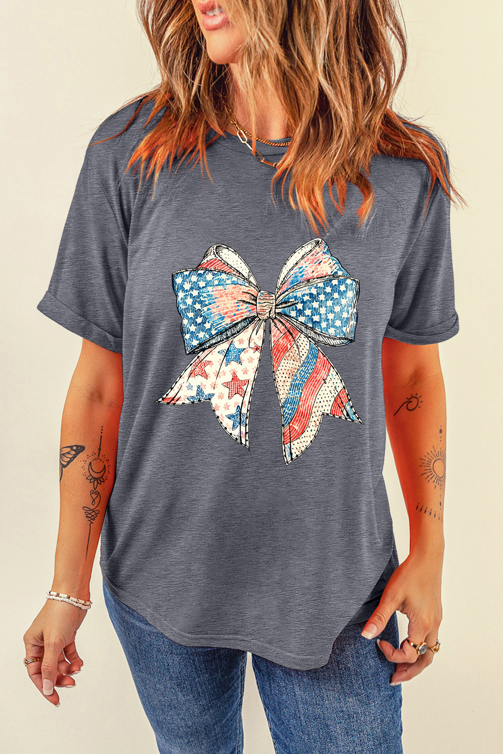 Gray US Flag Bow Print Round Neck Loose T Shirt - loveforevers