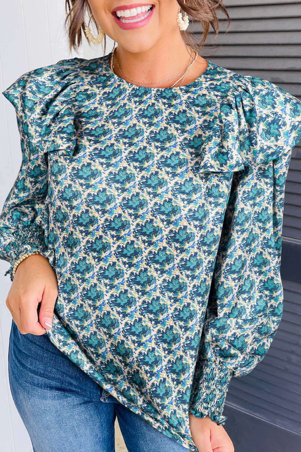 Green Abstract Print Shirred Cuff Puff Sleeve Blouse - loveforevers
