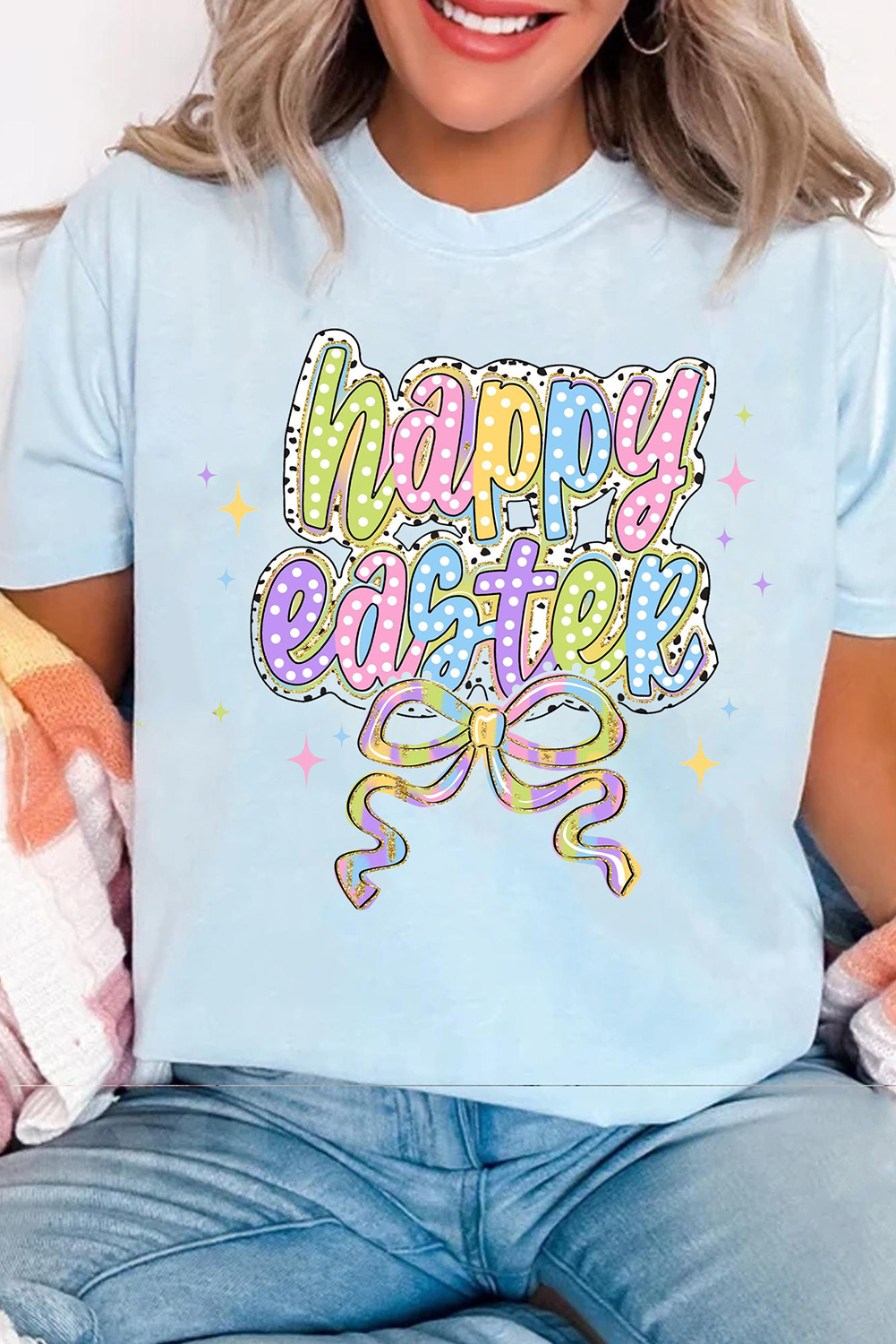 Light Blue happy easter Bowknot Printed Crewneck T Shirt - loveforevers