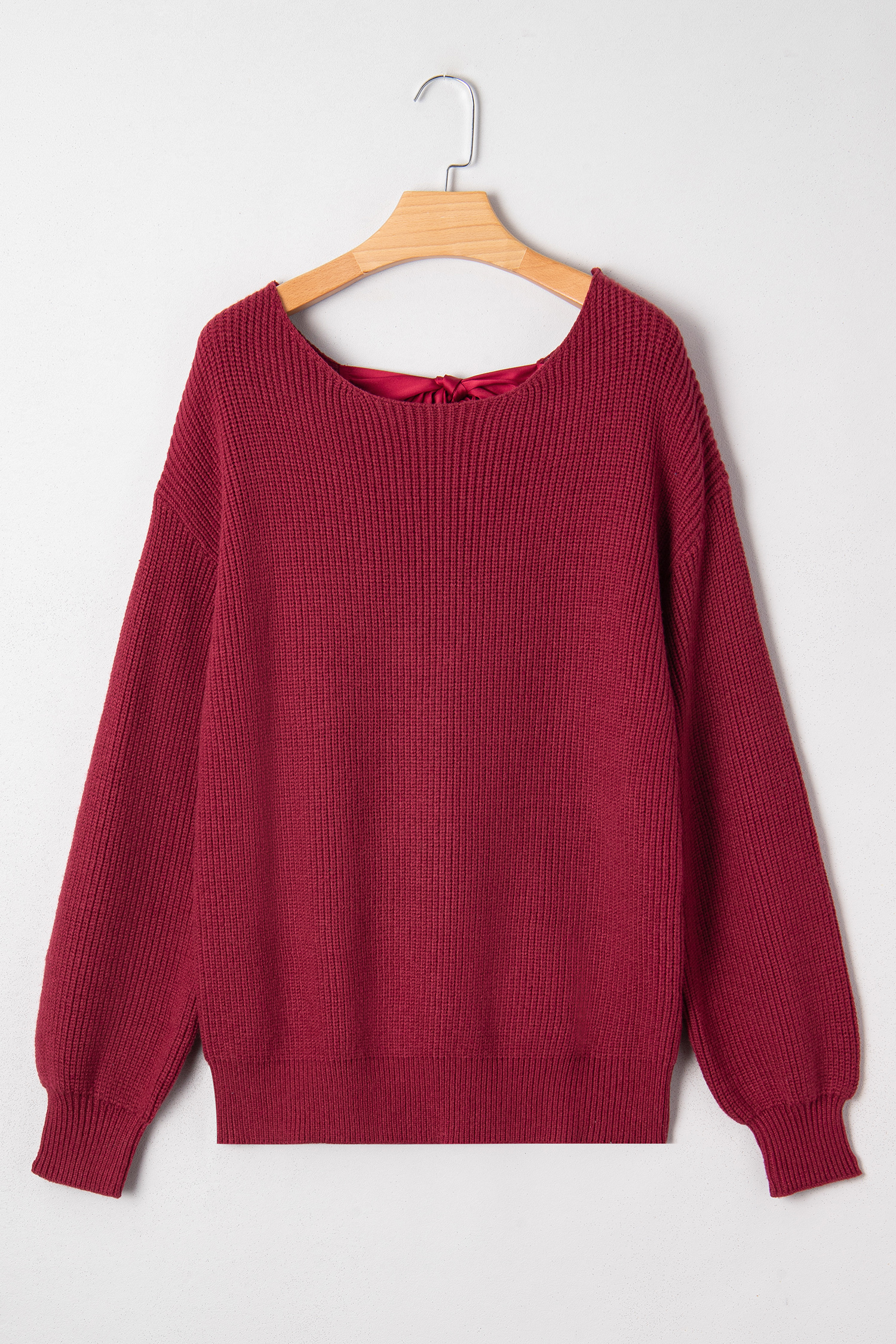 Black Ribbed Knit Ribbon Knot Backless Drop Shoulder Sweater - loveforevers