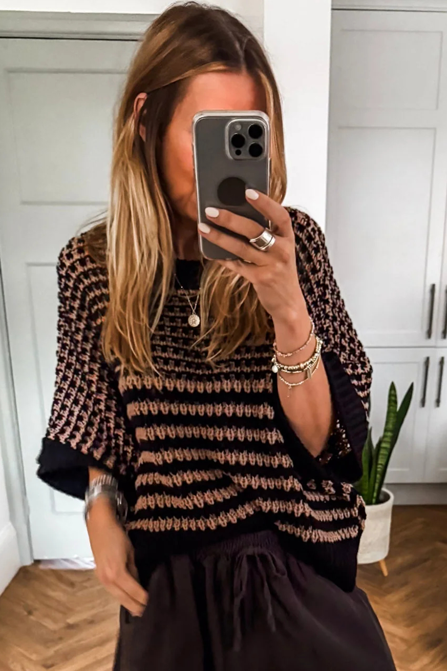 Black Stripe 3/4 Draped Sleeve Slouchy Sweater - loveforevers