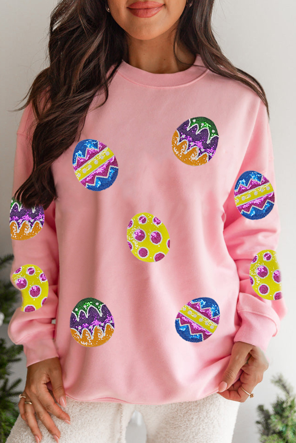 Pink Easter Egg Patched Graphic Drop Shoulder Pullover Sweatshirt - loveforevers
