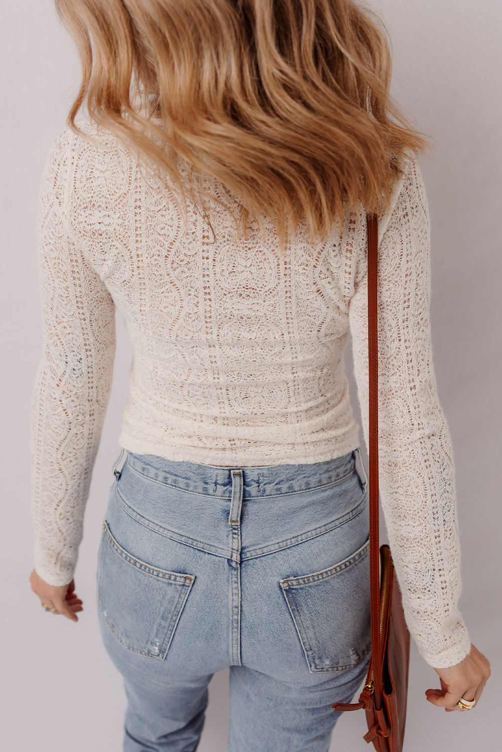 Light Pink Semi Sheer Lace Long Sleeve Cropped Top - loveforevers