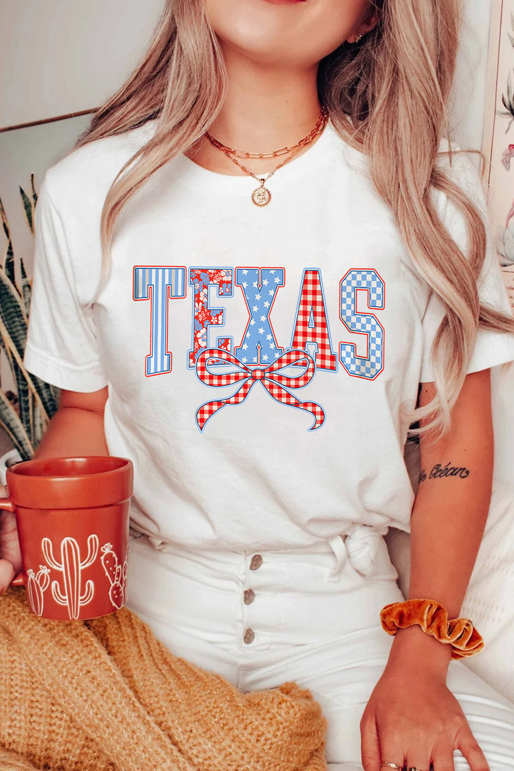 White Independence Day TEXAS Bow Printed T Shirt - loveforevers