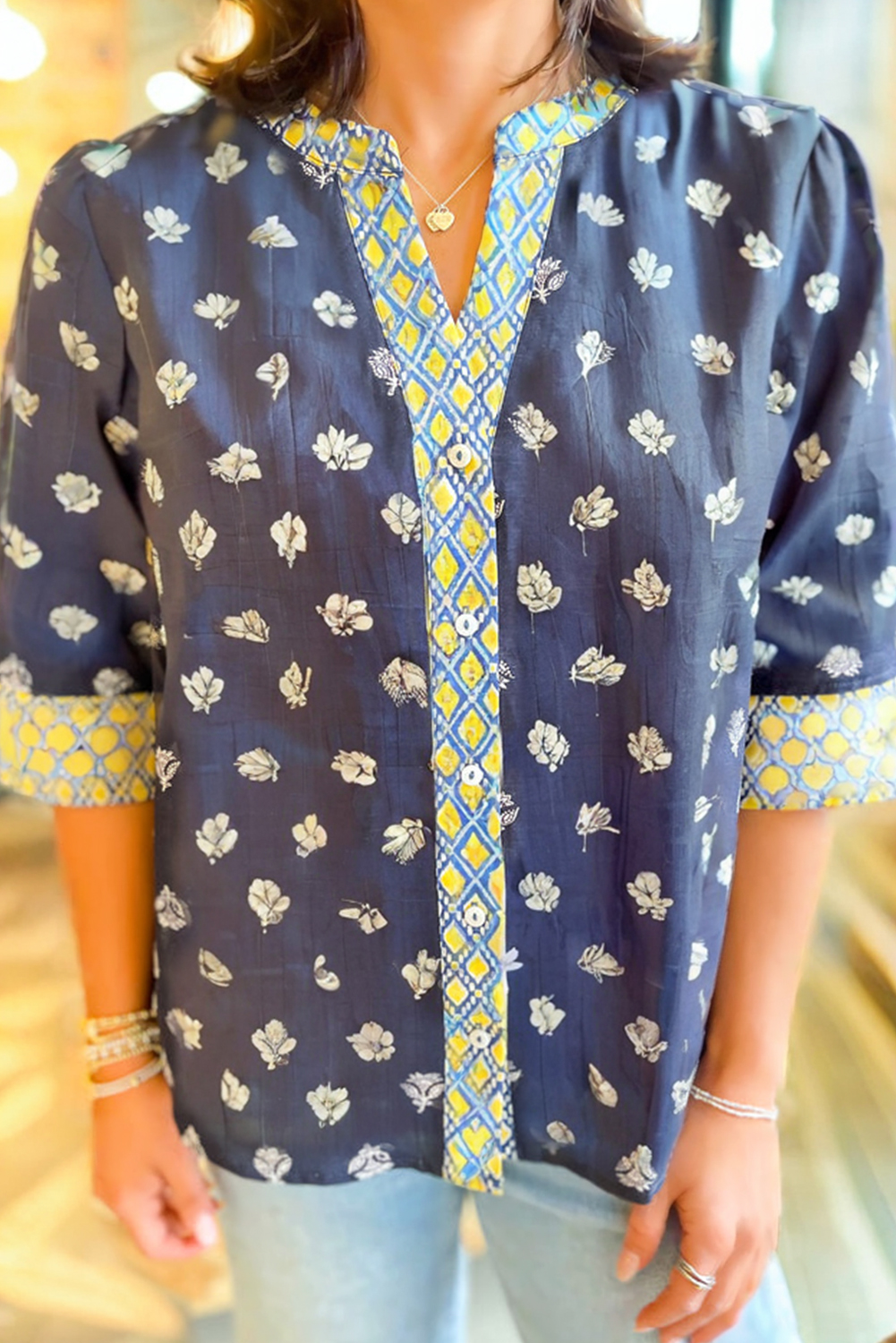 Blue Floral Print Half Sleeve Contrast Trim V Neck Blouse - loveforevers