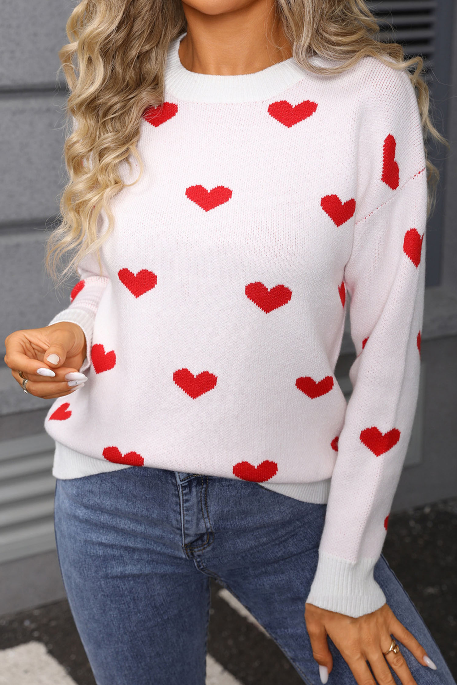 White Classic Round Neck Drop Shoulder Heart Print Sweater - loveforevers