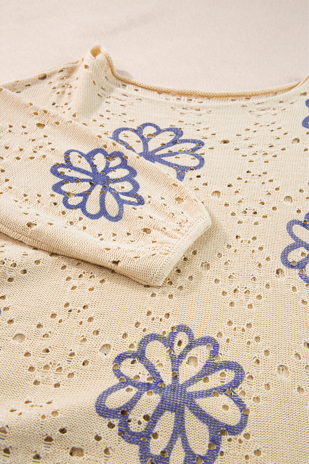Beige Contrast Flower Print Eyelet Drop Shoulder Sweater - loveforevers